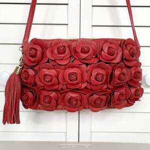 Clever Carriage Company Rose Leather Crossbody Handbag Red Flower Gold Hardware